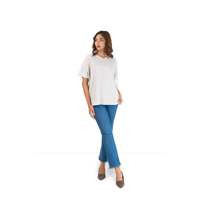 Women’s Heather Grey Relaxed V-Neck Drop Shoulder Tee - Image 3