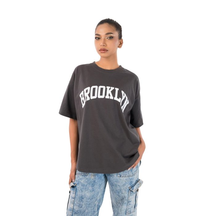 Women's Oversized "Brooklyn" Graphic Tee – Charcoal Black - Image 2