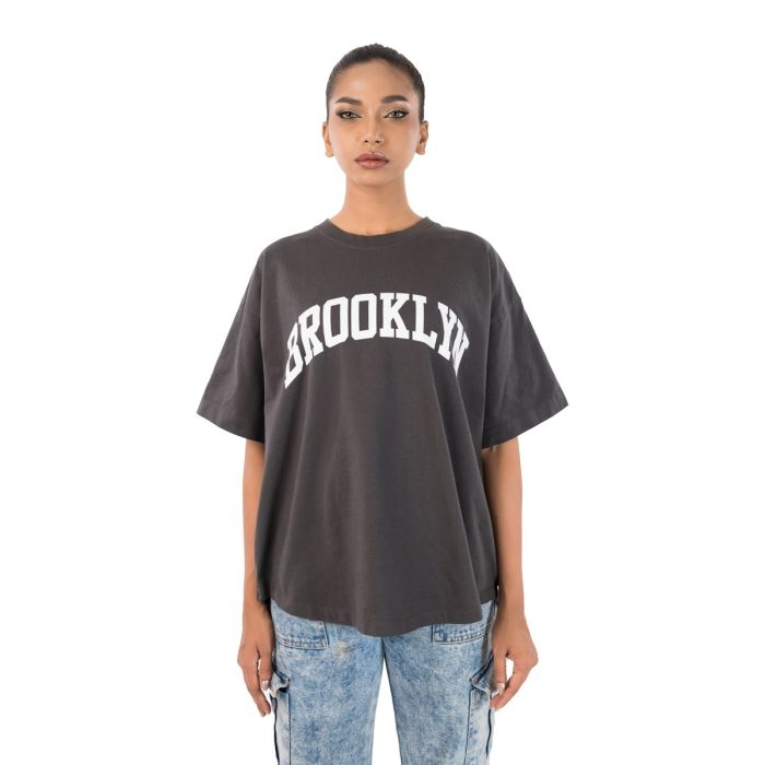 Women's Oversized "Brooklyn" Graphic Tee – Charcoal Black - Image 1