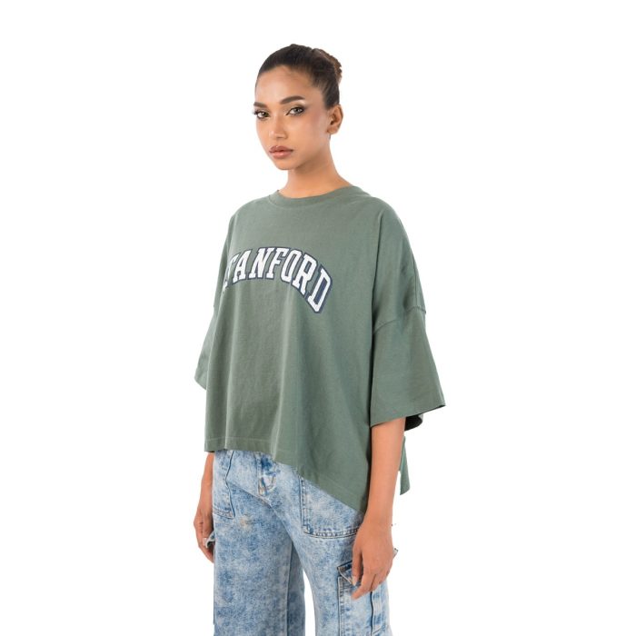 Women's Oversized "Stanford" Graphic Tee – Sage Green - Image 4