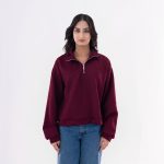 Maroon Cable Knit Half-Zip Sweater for Women