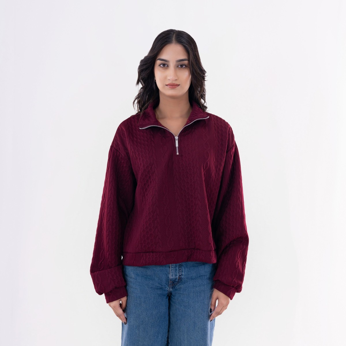 10 Maroon Cable Knit Half-Zip Sweater for Women - Image 1