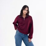 Maroon Cable Knit Half-Zip Sweater for Women - Image 3