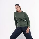 Olive Green Textured Cotton Sweatshirt for Women